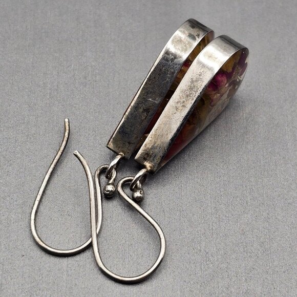 Sterling Silver Lucite Earrings 1.75" Dried Flowers Teardrop Shape ATI Mexico - Picture 7 of 10